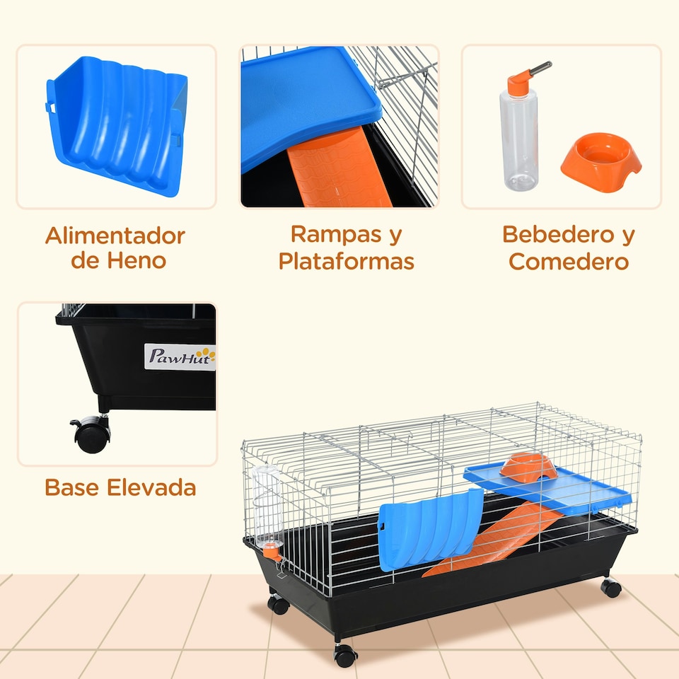 image 1 of PawHut 89cm Small Animal Cage for Rabbit Guinea Pig w/ Food Dish Black