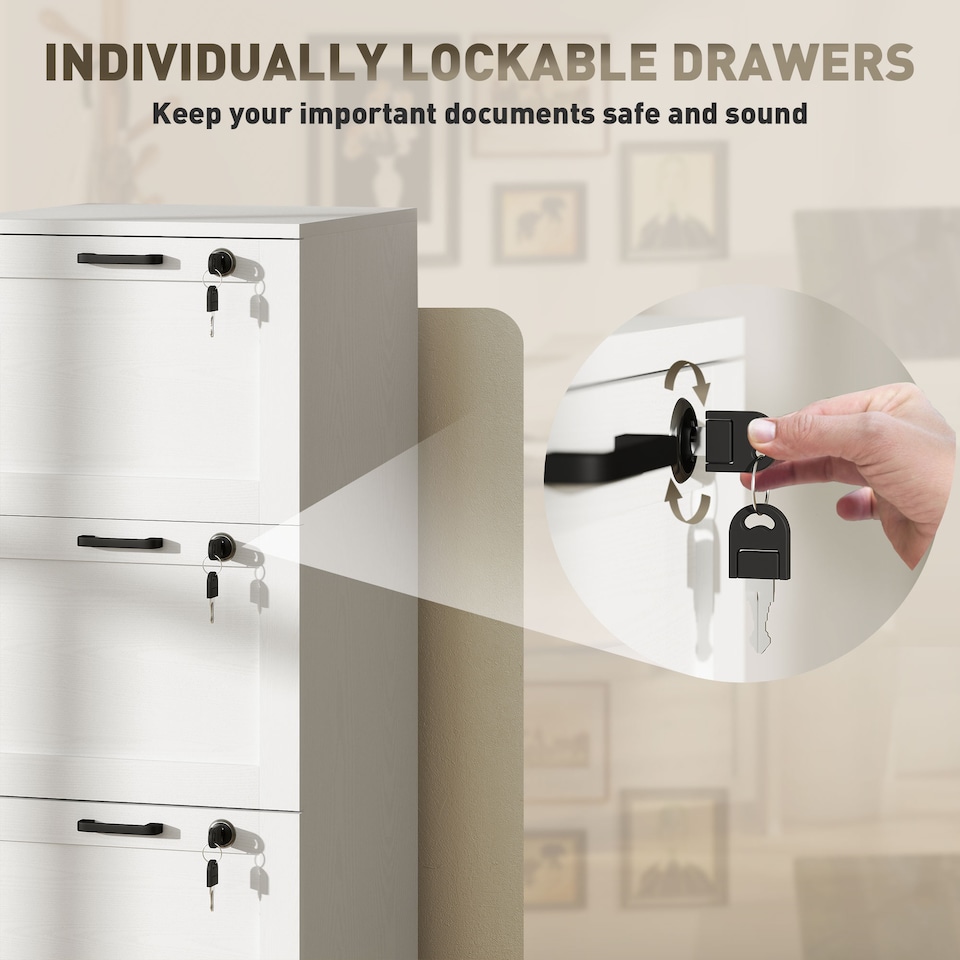 image 1 of HOMCOM 3 Drawer File Cabinet with Lock, Vertical Filing Cabinet with Adjustable Hanging Bars for A4 and Letter Size File Folders, Printer Stand with Storage, White | White | White