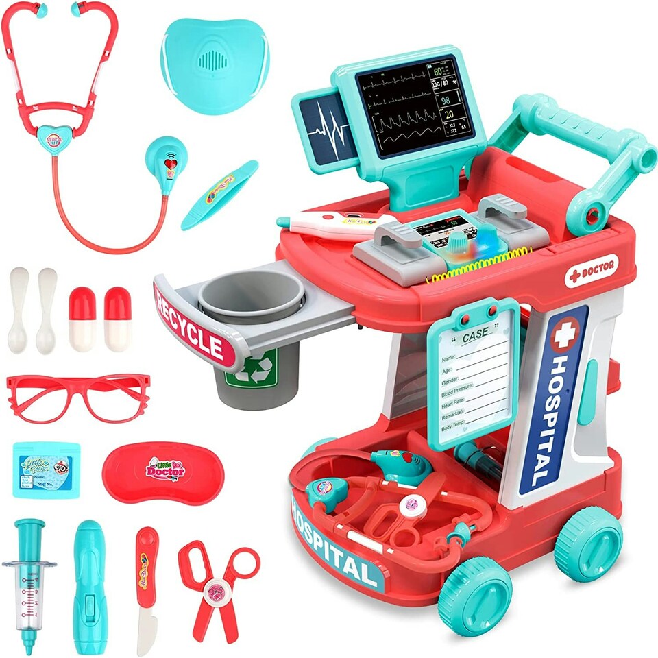 image 1 of Doctor Kit for Kids – 20-Piece Educational Medical Station Trolley Playset with Sounds & Accessories (Coral)