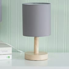 ValueLights Nelly Pair of Grey Shade with Wooden Base Bedside Table Lamps with LED Bulbs