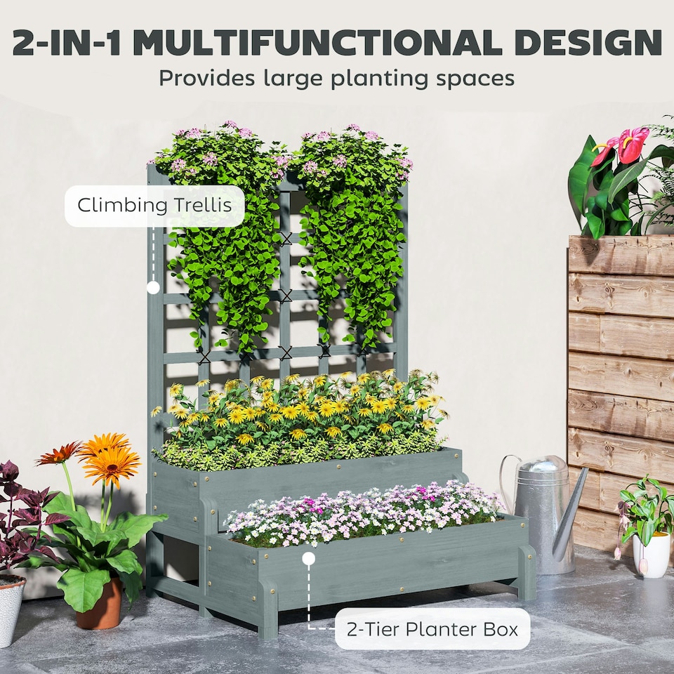image 1 of Outsunny 2-Tier Wooden Raised Bed with Trellis and Drainage Holes, Brown 