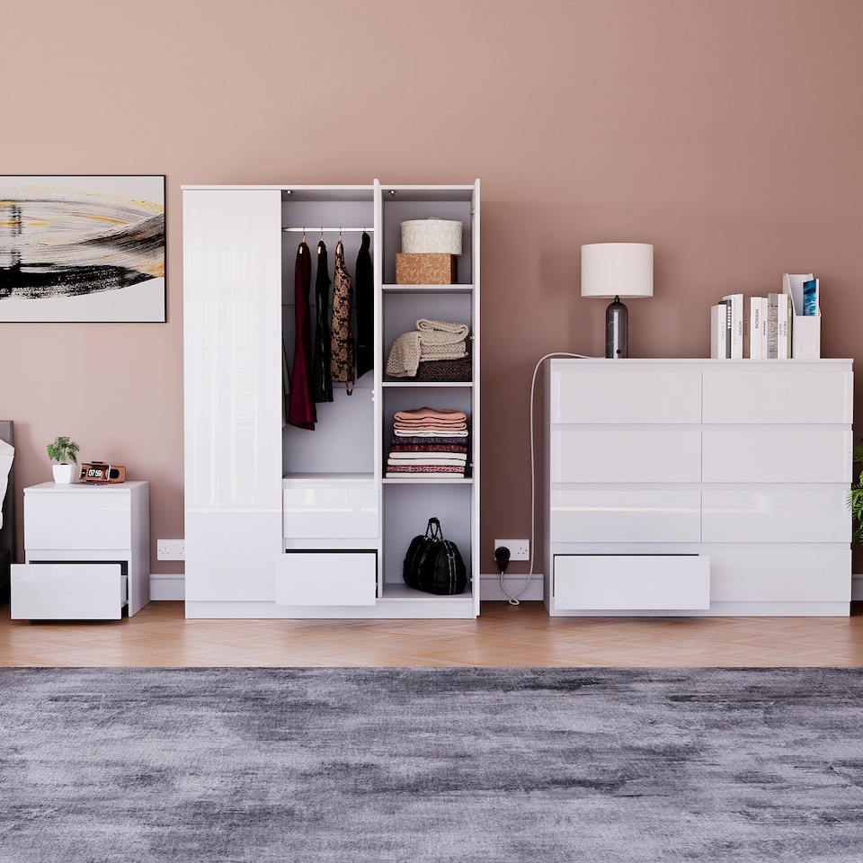 image 1 of Vida Designs Glinton 3 Piece FSC Certified Bedroom Set (2 Drawer Bedside Chest, 8 Drawer Chest, 3 Door 2 Drawer Wardrobe), White | White | White | L | 3