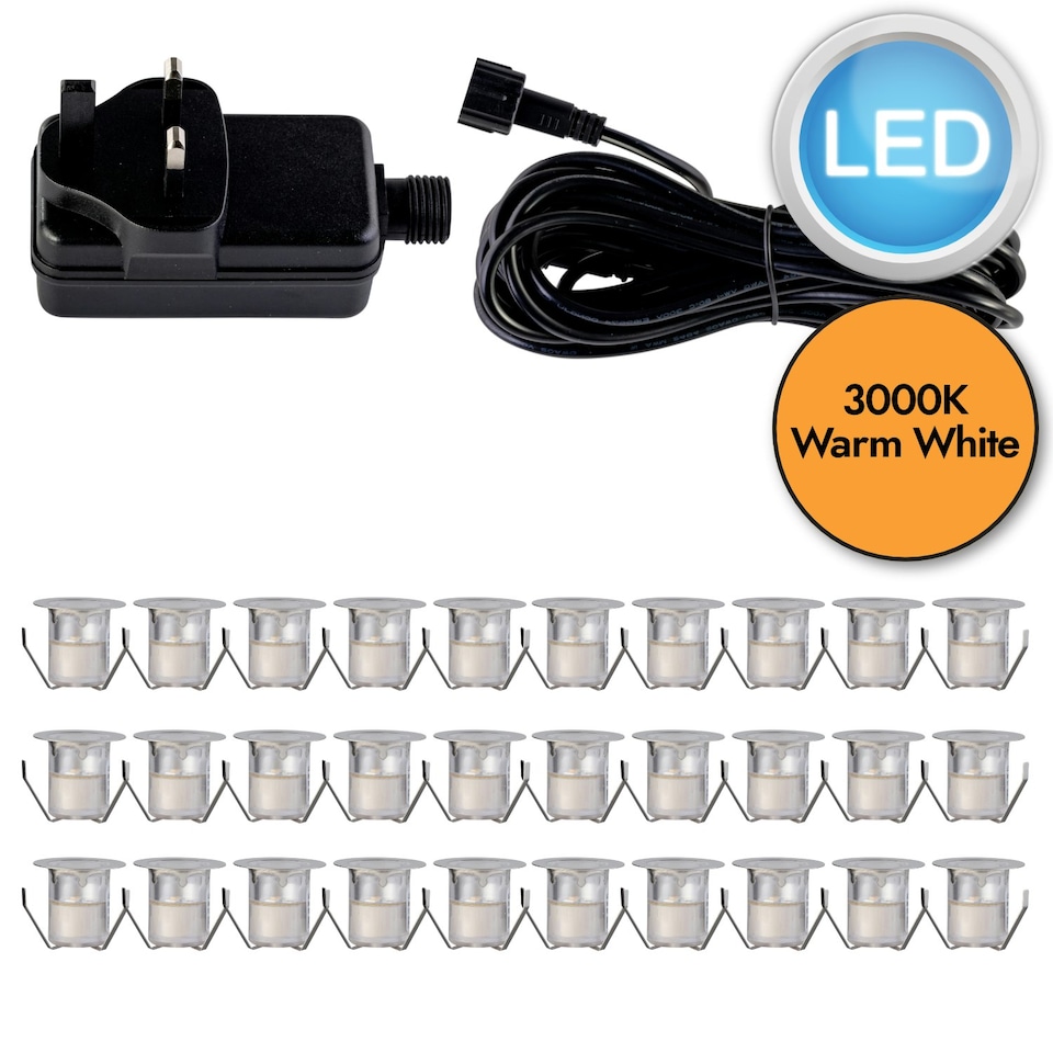 image 1 of Set of 30 - 30mm Stainless Steel IP67 Warm White LED Decking Kit Chrome | Clear