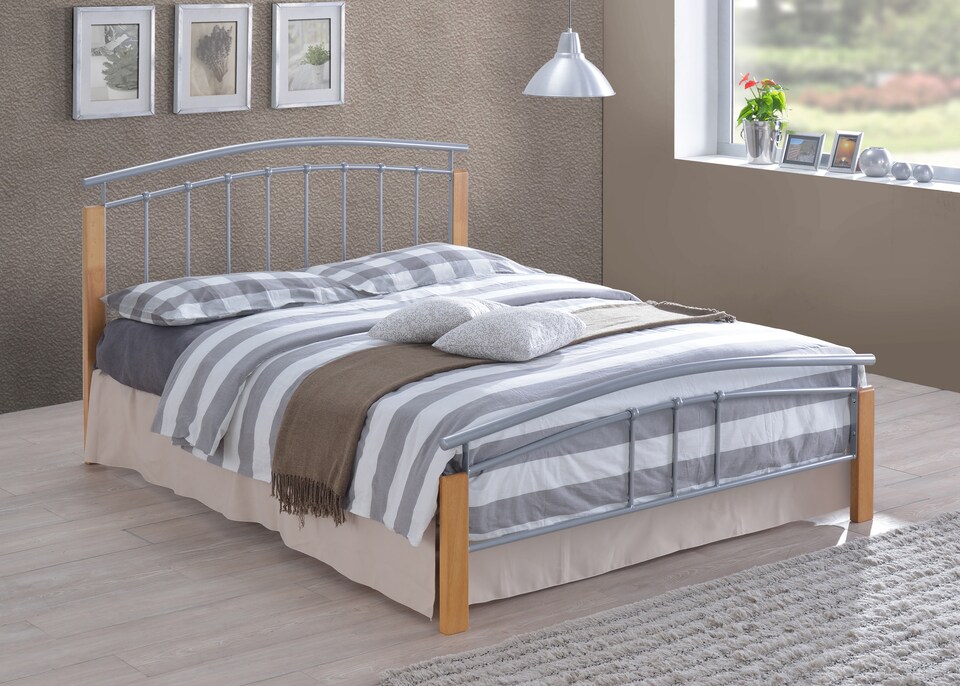 image 1 of 4ft6 Double Silver metal tubular bed frame, beech wood finish corner posts.Strong sturdy frame bedstead base | Multi | Silver & Beech | Double