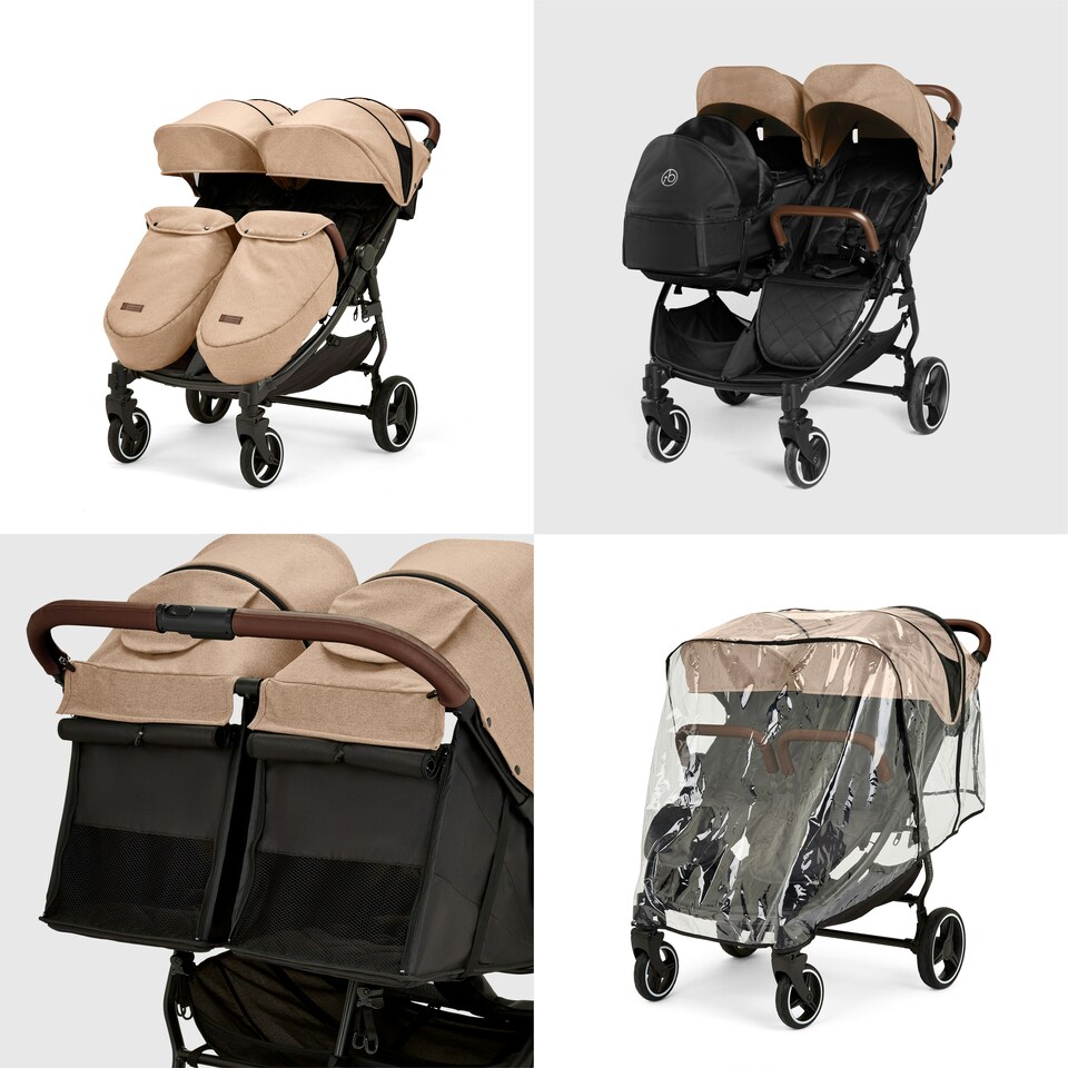 image 1 of Venus Prime Double Stroller - Birth to 15kgs (Approx. 3 Years), Lightweight, One Hand Fold, Newborn Cocoon, 2 Quilted Footwarmers & Rain Cover (Biscuit)