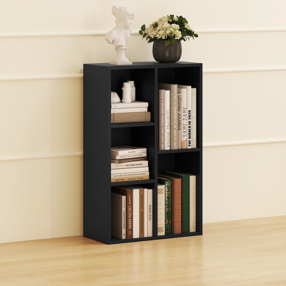 image 1 of HOMCOM 2-Tier Modern Cube Bookshelf with 5 Open Storage Compartments, Black