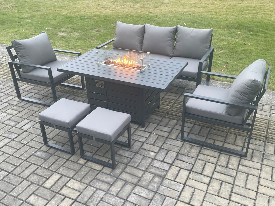 image 1 of Fimous Aluminium Outdoor Garden Furniture Set Gas Fire Pit Dining Table Set Gas Heater Burner with 2 Arm Chair 2 Small Footstools Dark Grey 7 Seater
