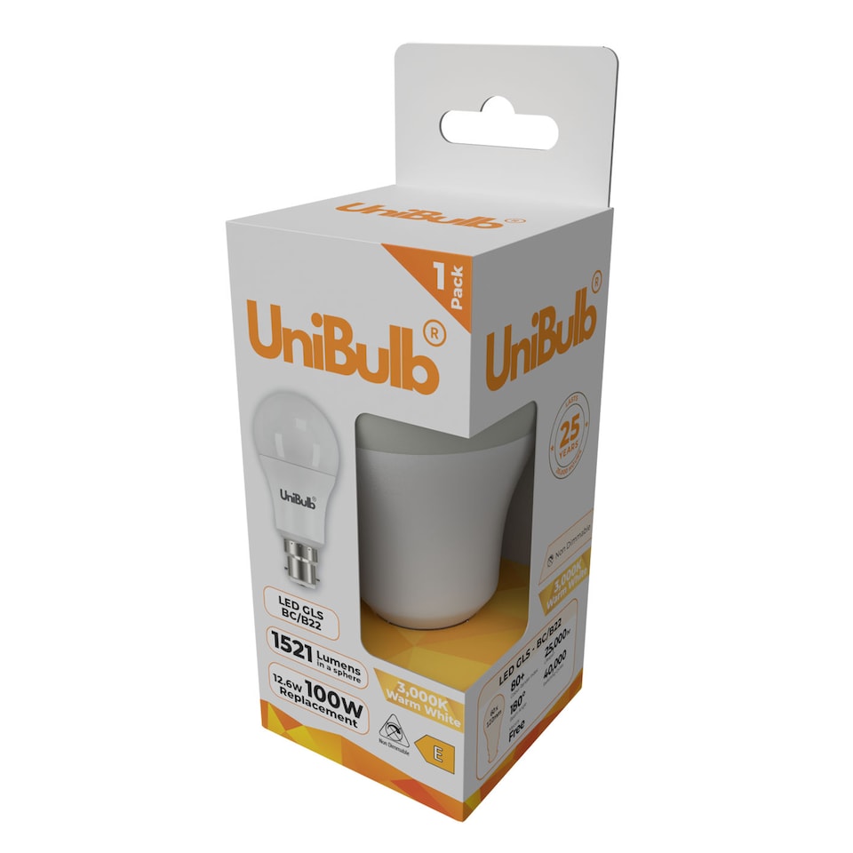 image 1 of UniBulb LED GLS B22 Bayonet Cap (BC) 1521lm 12.6W (Replaces 100W) 2700K (Warm White) Light Bulb - Pack of 6