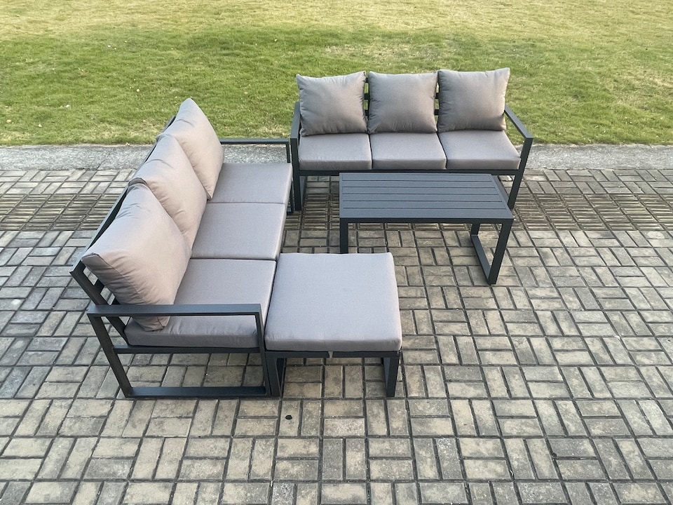 image 1 of Fimous Aluminium 4 Pieces Outdoor Garden Furniture Lounge Sofa Set with Oblong Coffee Table Big Footstool Dark Grey