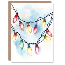 Greeting Card Colourful Fairy String Lights Soft Watercolour Blank For Him Or Her Art Xmas Christmas Card