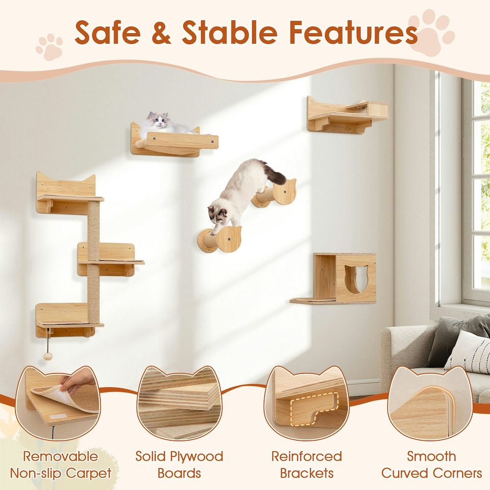 image 1 of COSTWAY 6Pcs Cat Wall Furniture Set Wall Mounted Shelves