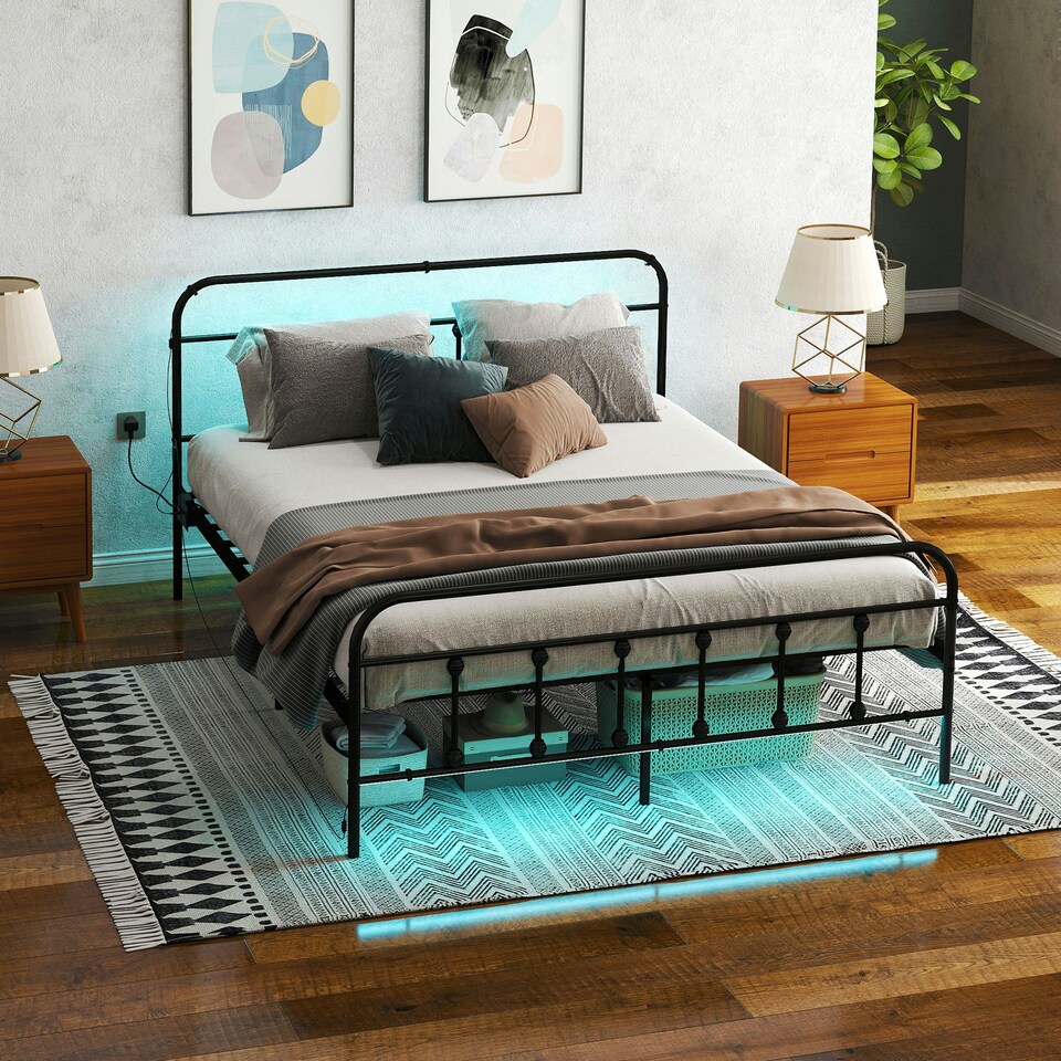 image 1 of HOMCOM Double Bed Frame with LED Lights and Charging Station, Black