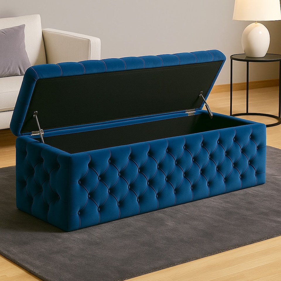 image 1 of 150cm Wide Lux Ottoman Storage Box, Sapphire Blue Velvet Upholstered Chesterfield Storage Ottoman Box