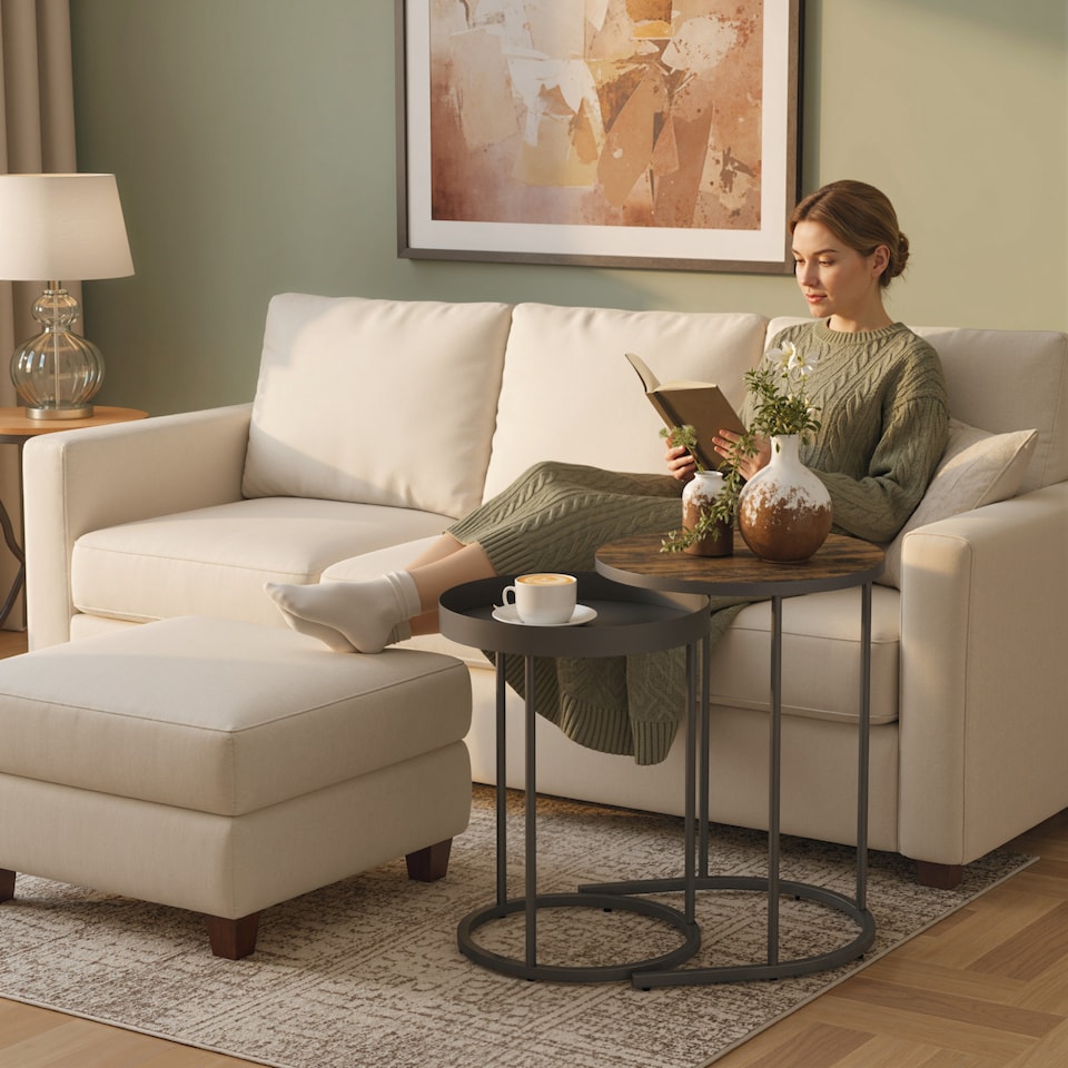 image 1 of HOMCOM Nesting Side Table Set of 2, Industrial Round Nest of Tables with Tray Tabletop and Metal Frame for Living Room, Bedroom, Home Office, Rustic Brown | Brown