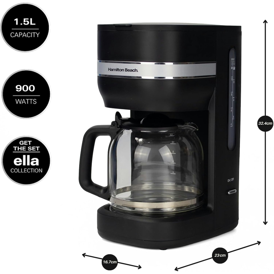 image 1 of Hamilton Beach Filter Coffee Machine, Ella, 1.5L, 900W, Makes 12 Cups, Re-usable Filter, Anti Drip, Water Window