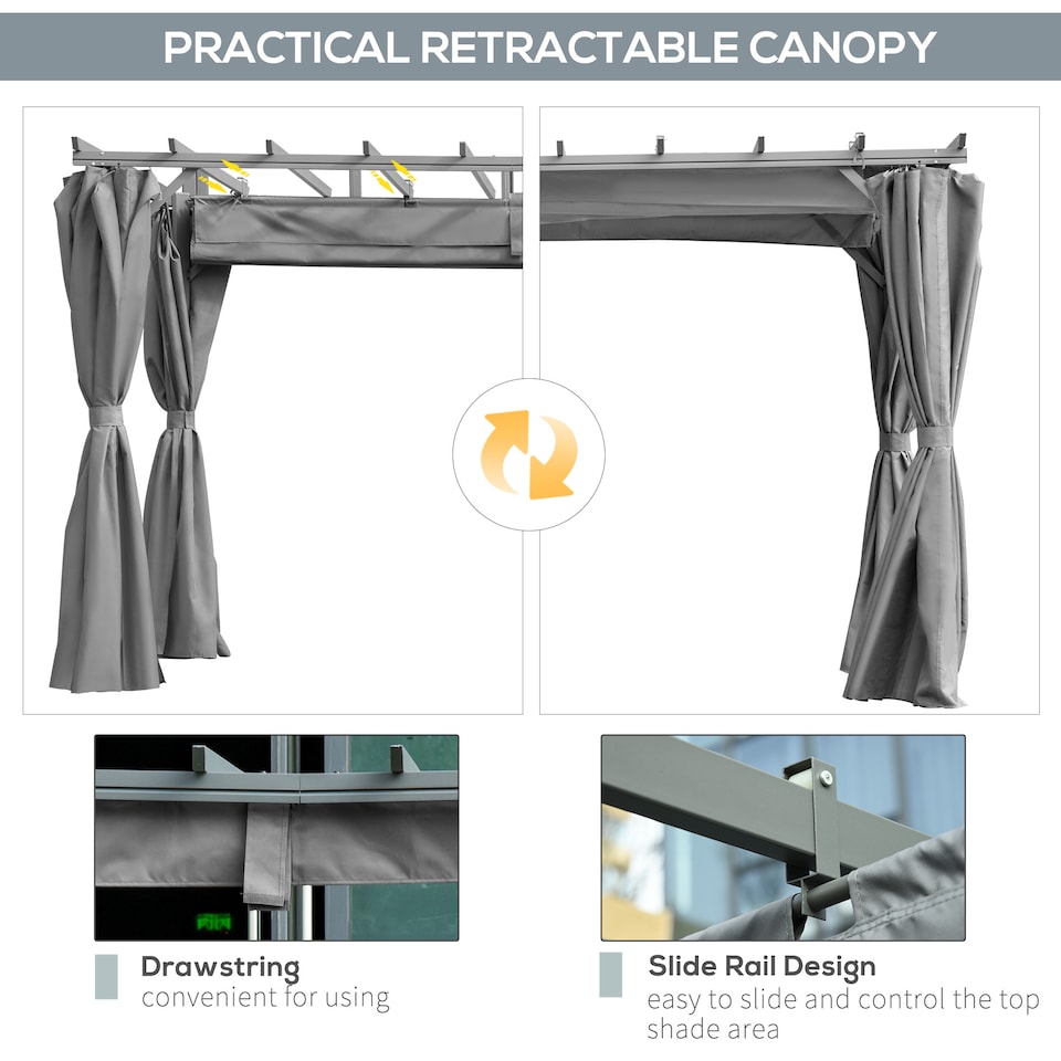 image 1 of Outsunny 3.6 x 3m Outdoor Pergola with Retractable Roof and Curtains, Garden Gazebo Canopy Sun Shade Shelter with Aluminum Frame, Dark Grey