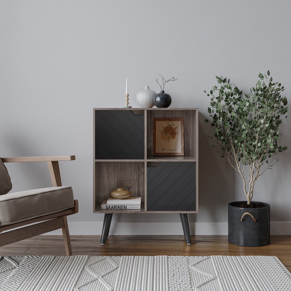 image 1 of Anthracite Oak 4-Cube Storage Unit with 2 Line Doors and Legs | Black | Black & Black | 1