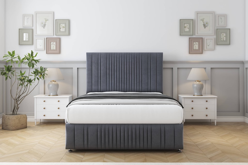 image 1 of Sloomy Kingsley Steel Plush Divan Bed With Mattress 2 Drawers Left Side With 54" Floor Standing Headboard & 12" Matching Footboard 6' Super King | Grey | Steel | Super King | 1