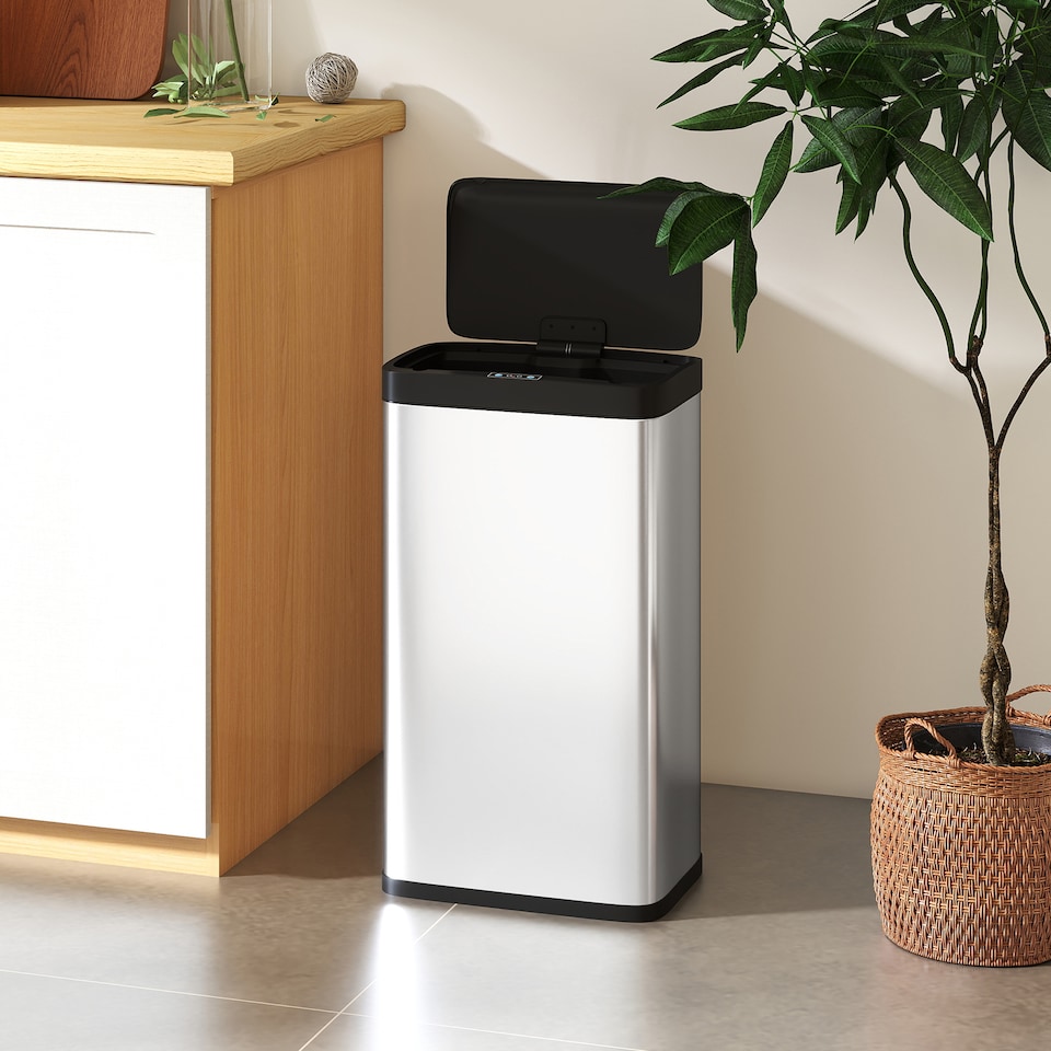 image 1 of HOMCOM 45L Sensor Bin, Stainless Steel Kitchen Bin with Automatic Soft Close Lid and Fingerprint-Proof for Recycling and Waste, Silver Tone | Silver | Silver