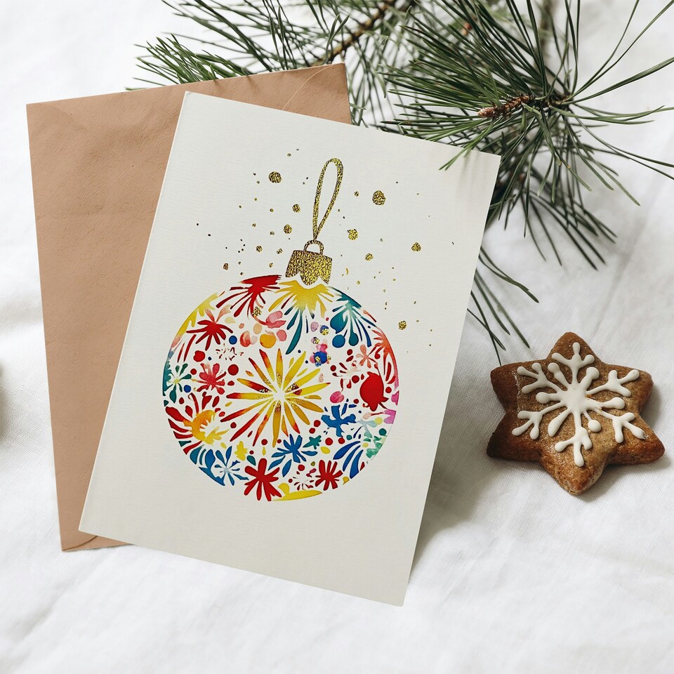 image 1 of Greeting Card Colourful Pattern Bauble Ornament Bright Bold Blank For Him Or Her Art Xmas Christmas Card