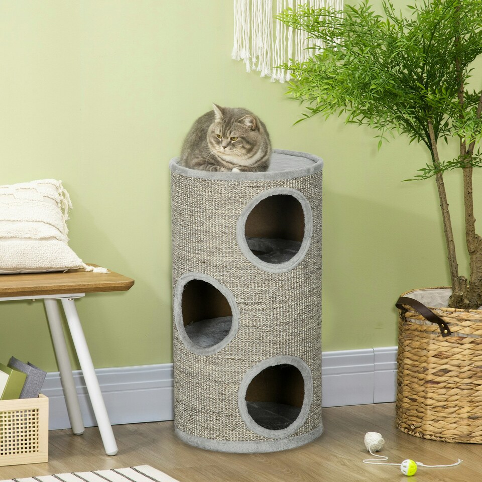 image 1 of PawHut Cat Barrel Tree Tower with Sisal, Cosy Platform, Light Grey