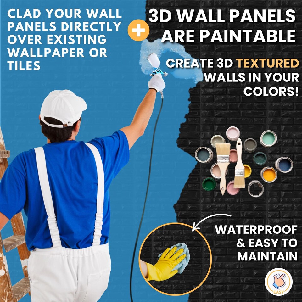 image 1 of NOVECRAFTO Decorative 3D Wall Panels (50cm x 50cm) Classic Brick Design PVC Cladding Panel | Black | Matte Black | M | 6