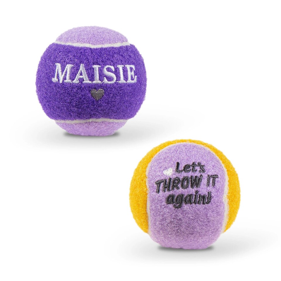 image 1 of Pre-Personalised Dog Ball Gift Pack 2pcs Purple Maisie