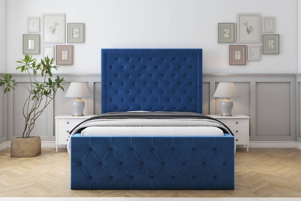image 1 of Sloomy Vienna Navy Plush Special Bed Frame. With 50" Upholstered Headboard 4' Small Double