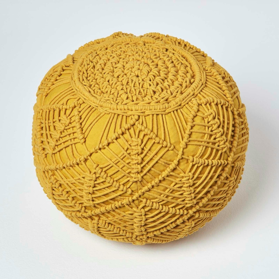 image 1 of Homescapes Mustard Macrame Knitted Pouffe - 40 x 50 cm