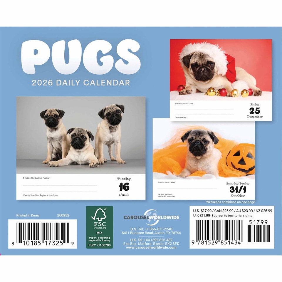 image 1 of Pugs Desk Calendar 2026, Desk Calendars, Day To View, Dogs, Gift