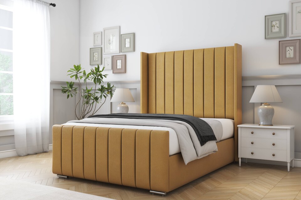 image 1 of Sloomy Melbourne Mustard Plush Bed Frame With Mattress  With 50" Upholstered Wingback Headboard 5' King