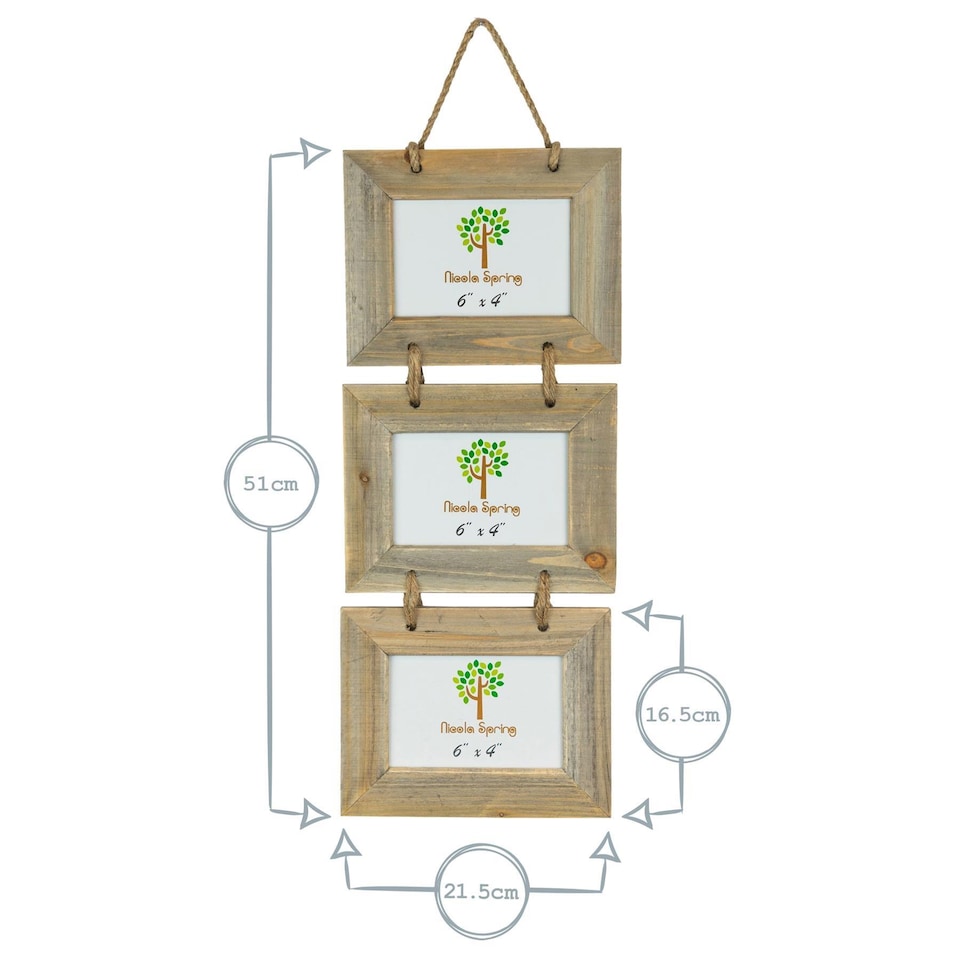 image 1 of Nicola Spring Rustic Wooden Hanging 3 Photo Frame - 6 x 4" - Natural