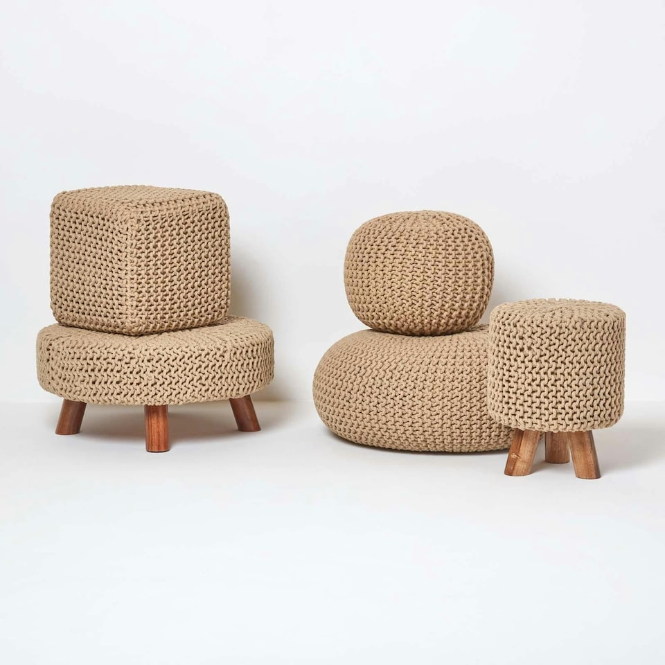 image 1 of Homescapes Linen Round Cotton Knitted Pouffe Footstool - 35 x 40 cm