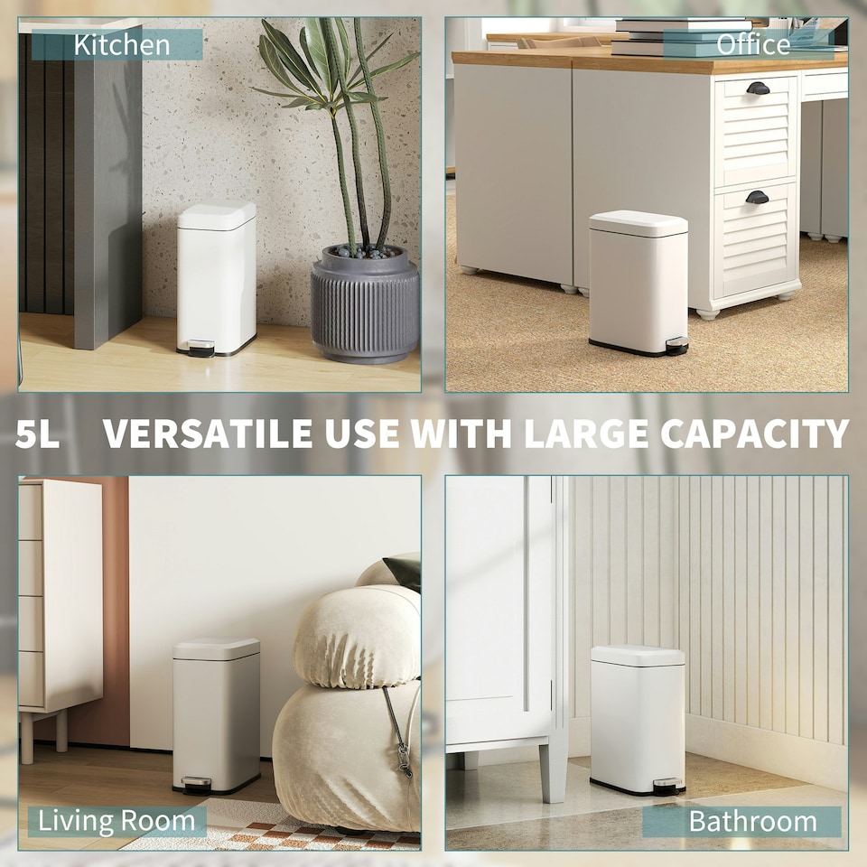 image 1 of HOMCOM 5L Rectangle Compact Bin Steel Body Inner Bucket Quiet-Close Lid w/Pedal | White | 5L | 1