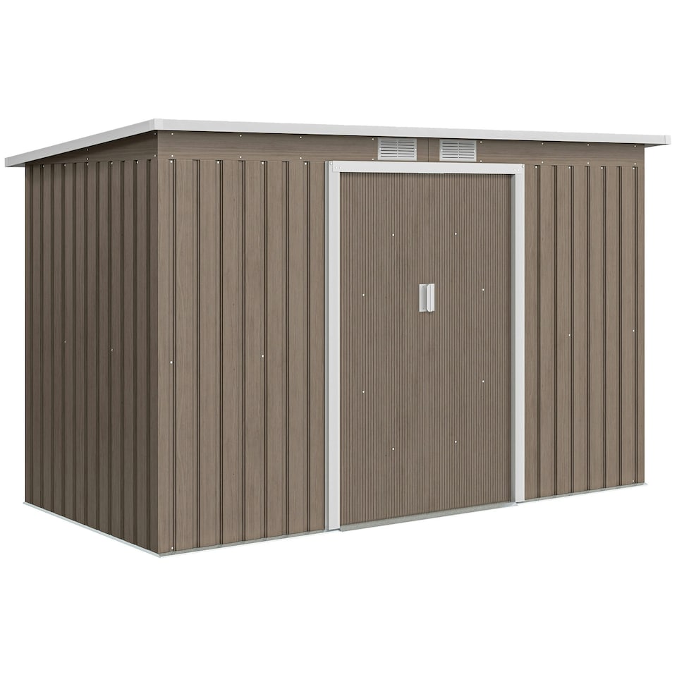 image 1 of Outsunny 9 x 4FT Metal Garden Storage Shed w/ 2 Door, Light Grey Wood Grain Grey