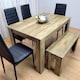 image 5 of Wooden Dining Table Set for 6 Rustic Effect Table With 4 Black Leather Chairs and 1 Bench Black