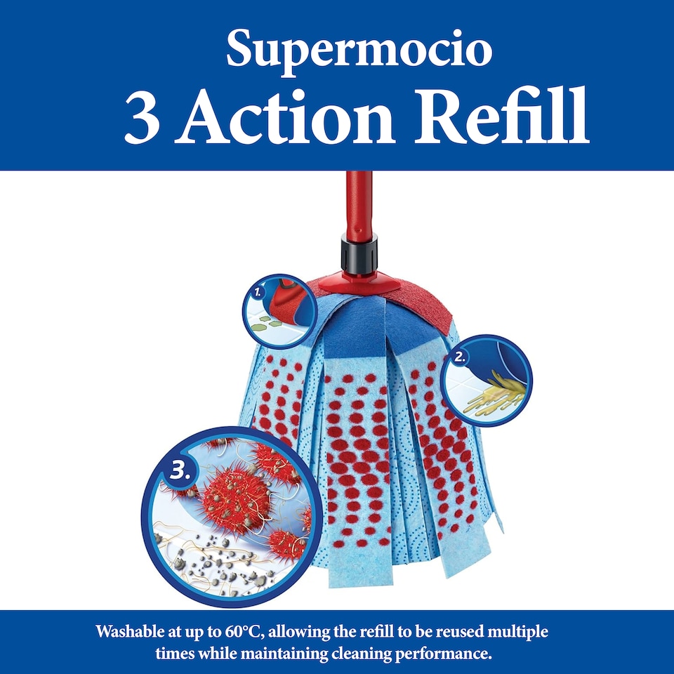 image 1 of Vileda SuperMocio 3 Action Mop Refill Microfibre Floor Cleaning Replacement Head