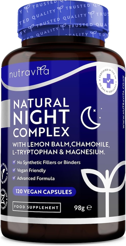 image 1 of Nutravita Natural Night Complex with Vitamin B12, Lemon Balm, Chamomile, L-Tryptophan & Magnesium - 120 Vegan Capsules - 4 Month Supply