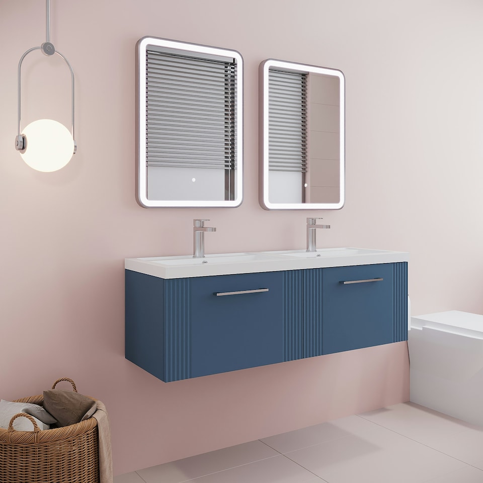 image 1 of Retro 2 Drawer Wall Hung Vanity Unit with Double Polymarble Basin - 1200mm - Satin Blue - Balterley Blue