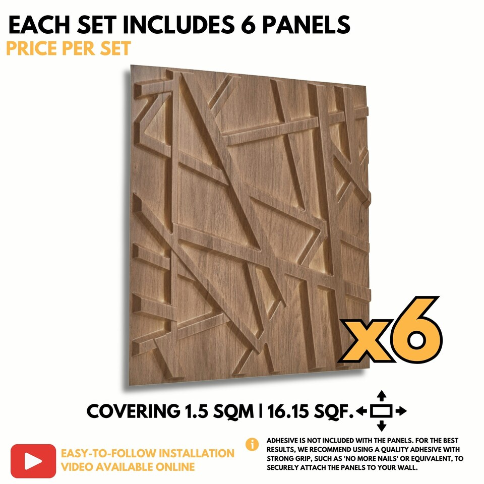 image 1 of NOVECRAFTO Geometric 3D Wall Panels – 6 Sheets Covering 1.5 sqm (16.15 sqft) – Decorative PVC Panels 50x50cm – Modern Geometric Line Design Wooden