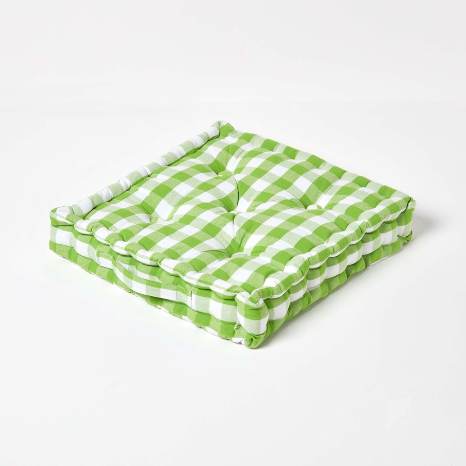 image 1 of Homescapes Green Block Check Cotton Gingham Floor Cushion - 40 x 40 cm | Green | 40 x 40 cm