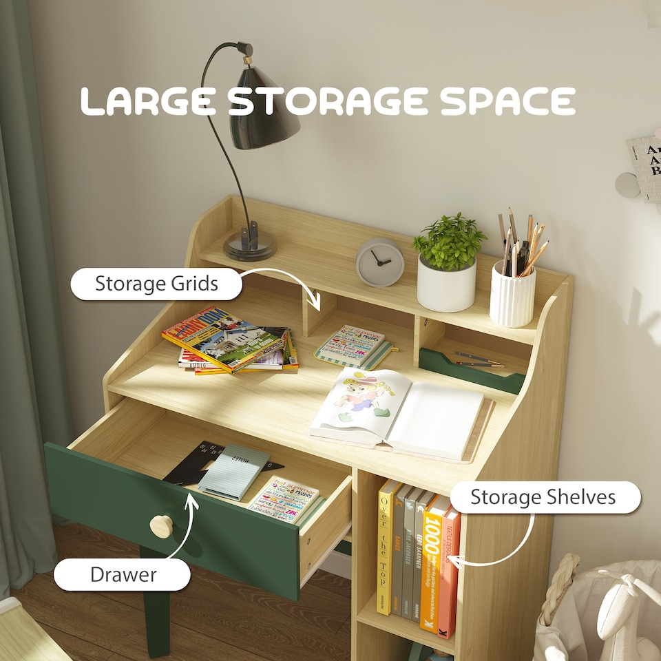 image 1 of AIYAPLAY Kids Desk and Chair Set with Storage Shelves, Drawer, Green
