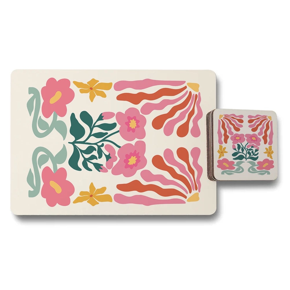 Elegant Floral Placemat And Coaster Set With Wood Backing And High End Print Technology Limited Edition