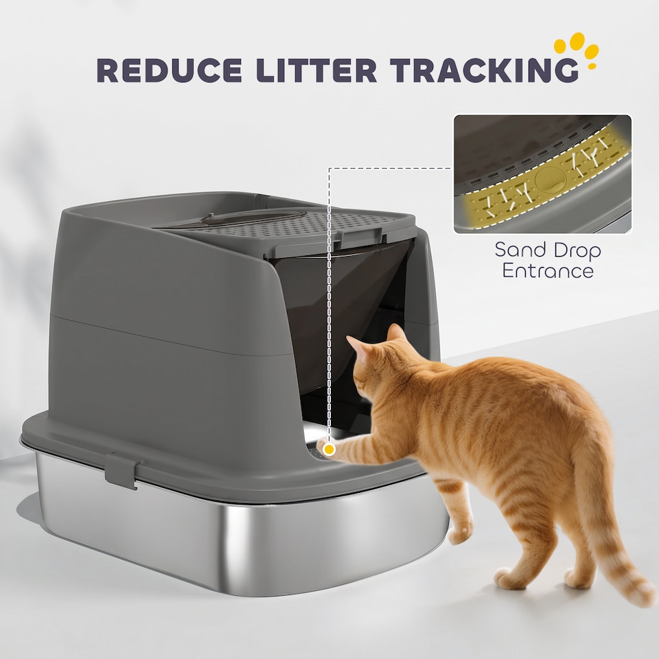 image 1 of PawHut Stainless Steel Litter Box, Enclosed Metal Cat Litter Tray with Scoop