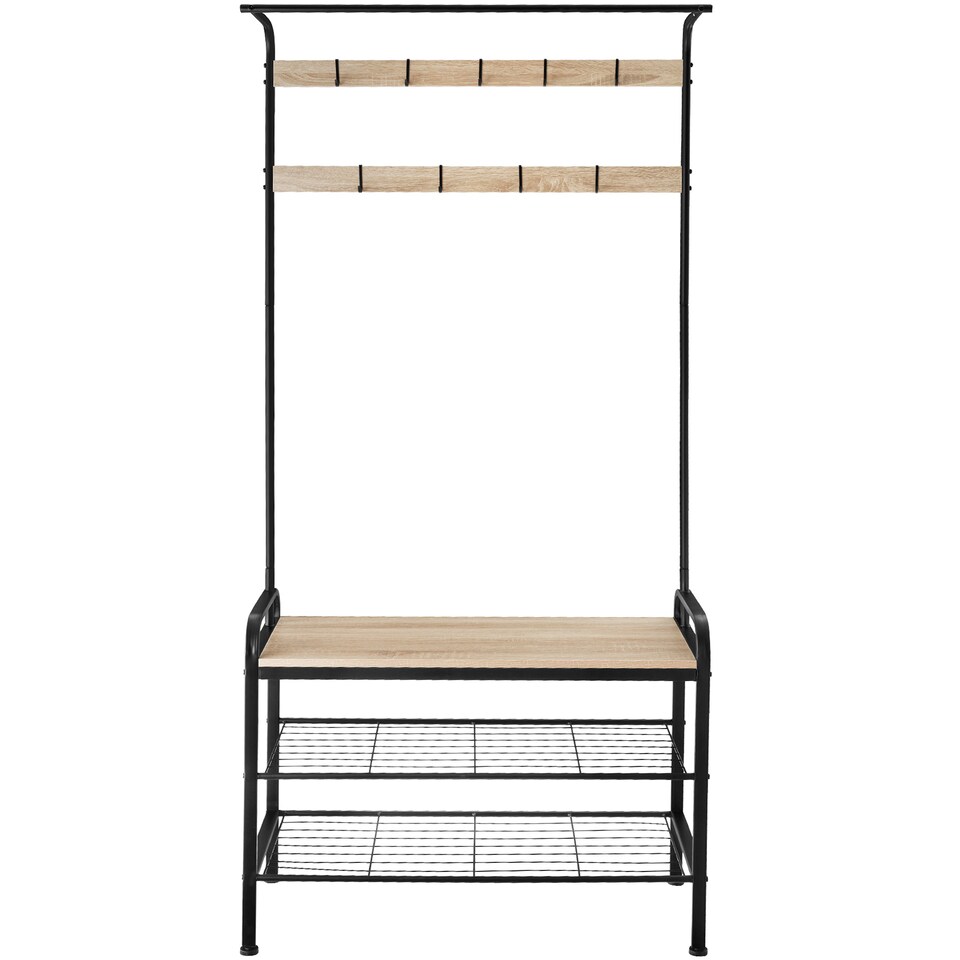 image 1 of Coat Stand - shoe rack, seat, 2 shelves and 9 coat hooks | Brown | industrial wood light, oak Sonoma | One Size | 1