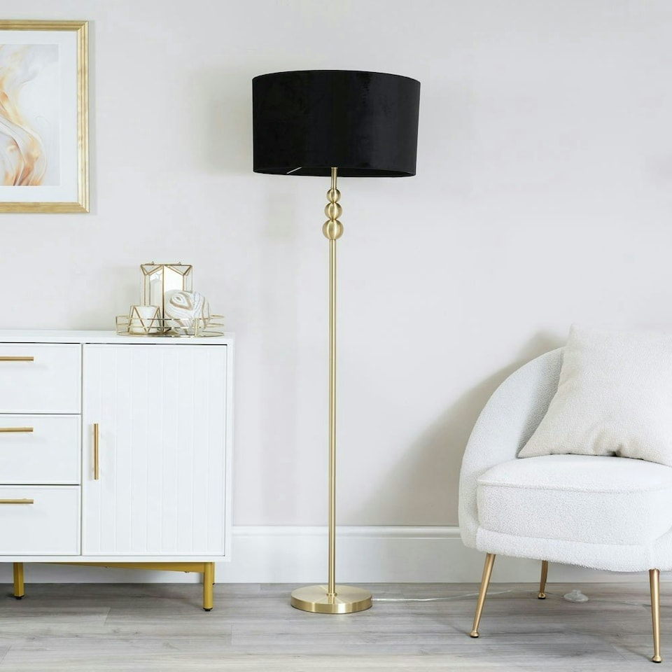 image 1 of ValueLights Marissa Black Velvet Drum Shade with Brushed Gold Stacked Ball Floor Lamp with LED Bulb