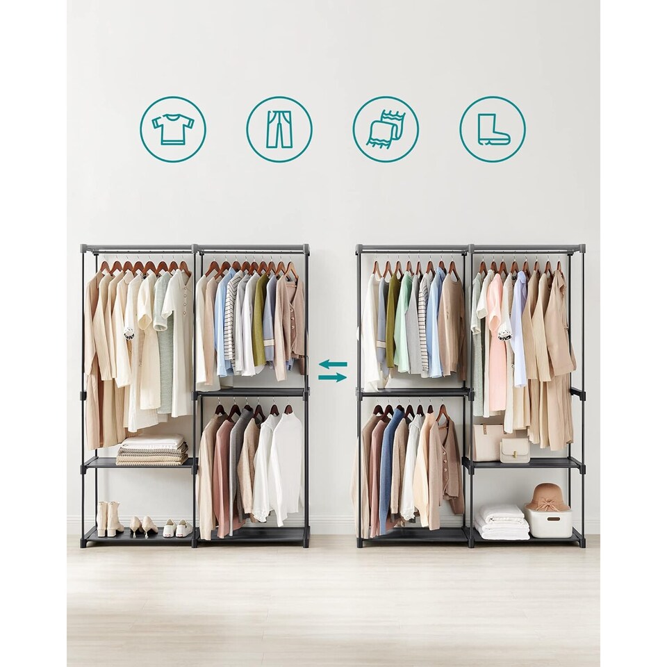 image 1 of Large Capacity Freestanding Portable Wardrobe with Shelves and Hanging Rods, Ink Black