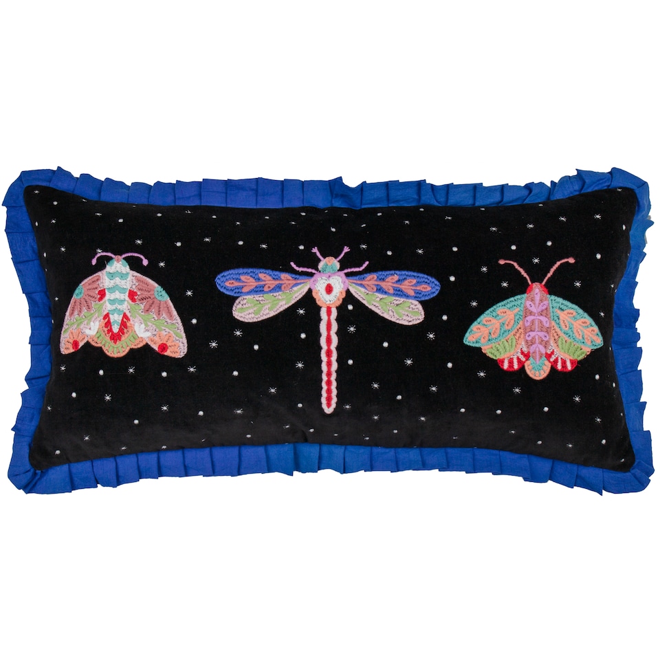 image 1 of Wylder Darkling Beetles Embroidered Velvet Cushion, Cobalt/Black, 30 x 65cm