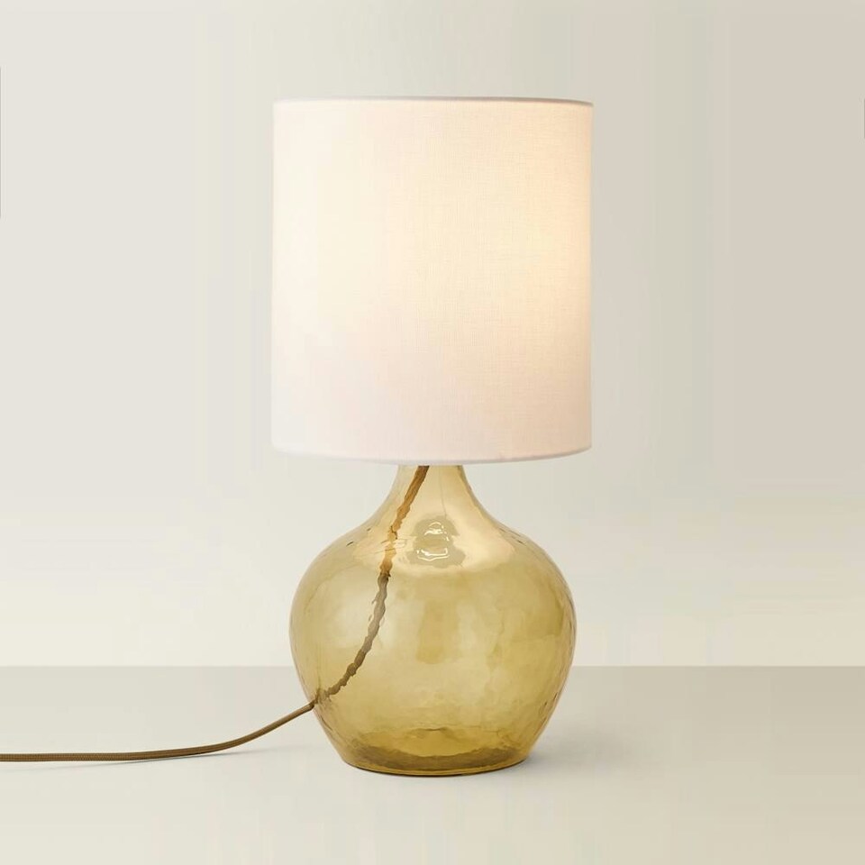 image 1 of ValueLights Emily Natural Linen Drum Shade Dark Green Glass Teardrop Table Lamp Green