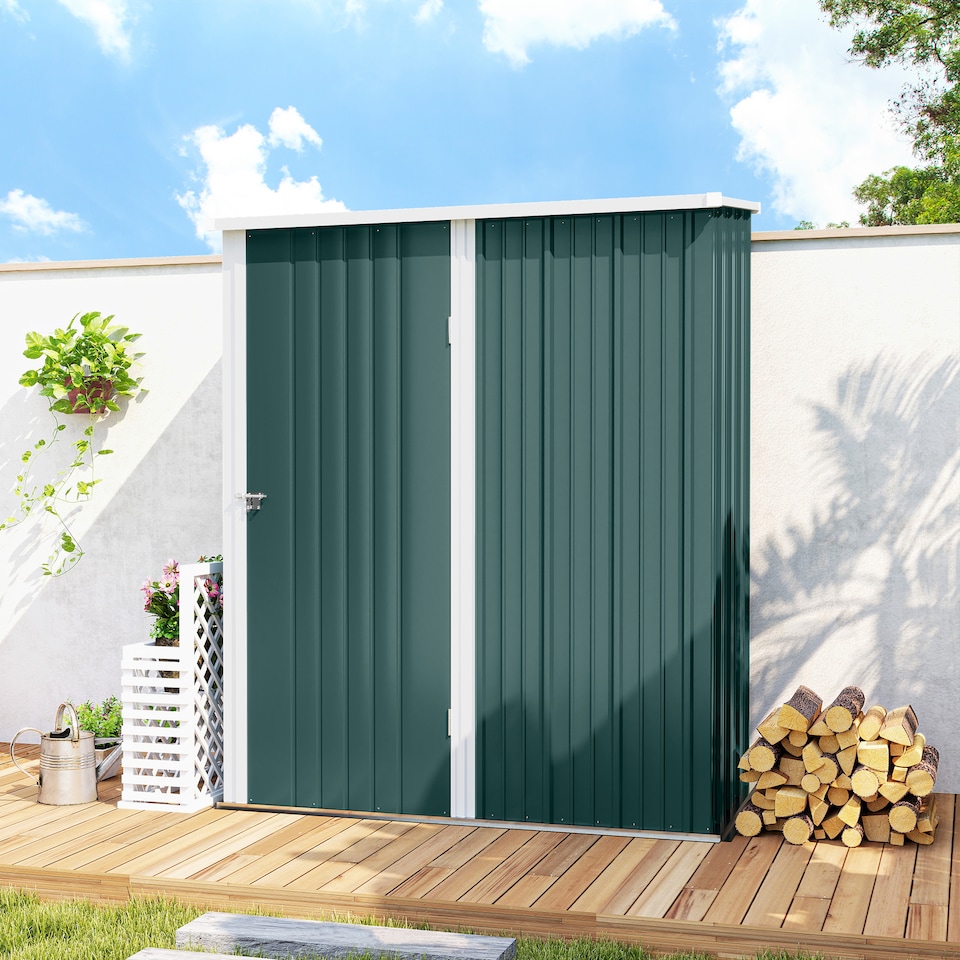 image 1 of Outsunny 5ft x 3ft Lean to Garden Shed, Metal Outdoor Storage Shed with Single Lockable Door, Tool Storage Shed for Garden, Patio, Green